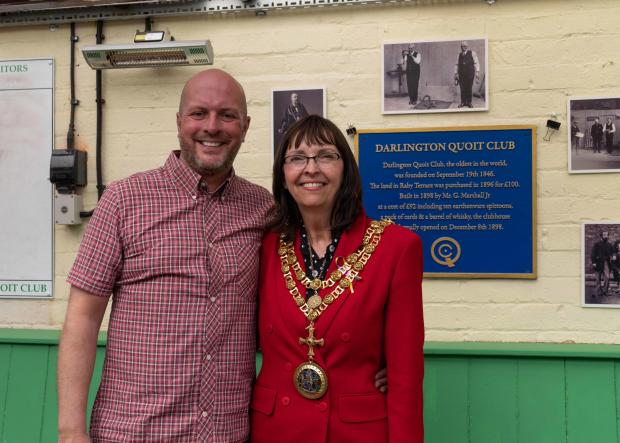 The Northern Echo: Darlington mayor Cyndi Hughes with quoit club chairman, Ben McKeown. Picture: Steven Curtis